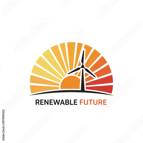 A stylized graphic of a wind turbine against a vibrant orange and yellow sunburst