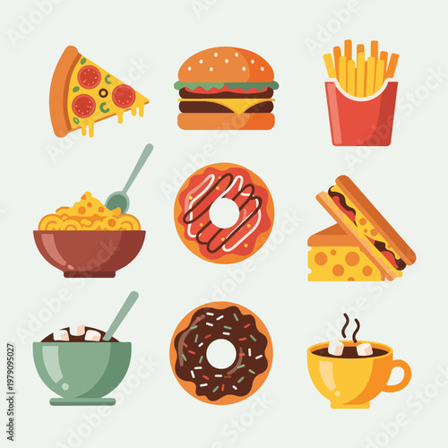 Collection of colorful, cartoon-style food and drink illustrations against a plain white background