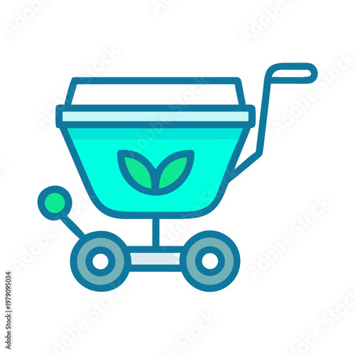 Illustration of a cyan garden cart with green leaf emblem on a black background