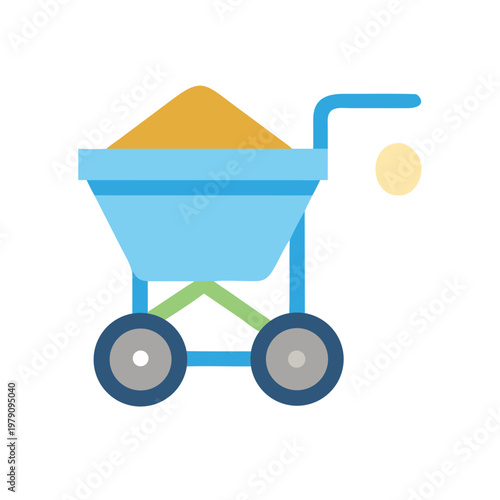 Simple blue handcart filled with yellow gravel flat vector design isolated on black