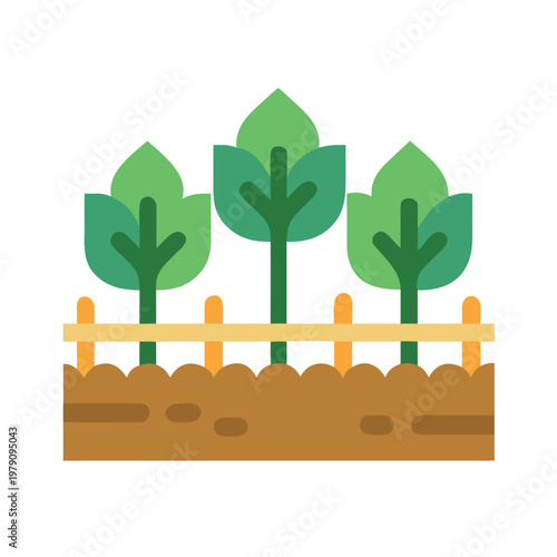 Simple flat illustration of small garden with growing plants and fence