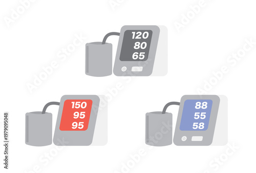 正常、低血圧、高血圧のそれぞれの数値を表示した上腕式血圧計のイラストセット