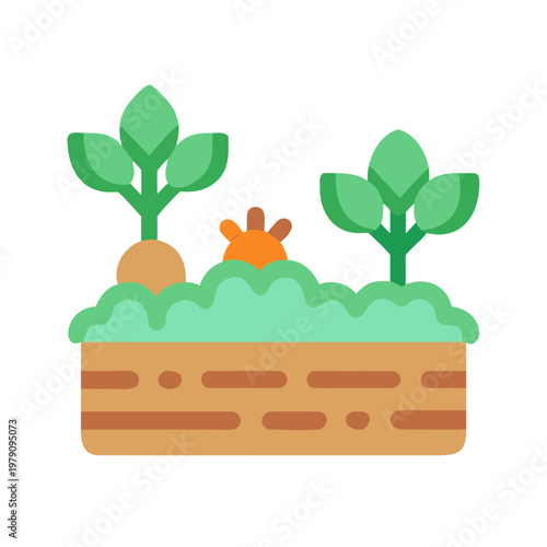 Vegetable garden bed icon illustration featuring plants and soil in a flat style