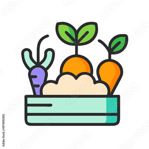 Colorful illustration of a small garden bed with different root vegetables growing