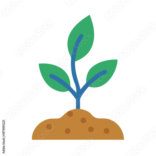 Simple sprout with leaves growing in soil, flat design on black background