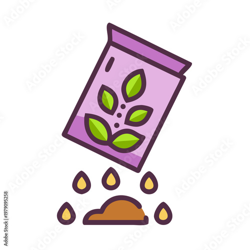 Flat style seed package with plant motif and seeds falling into soil