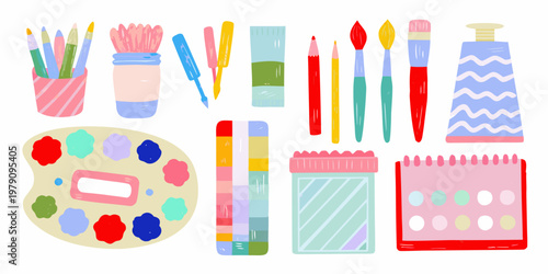 Colorful art supplies including paintbrushes palettes and containers arranged neatly