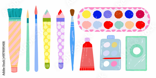 Colorful art supplies including paint brushes pencils and tubes