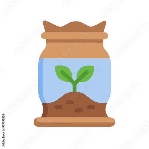 A bag of soil with a small plant growing, isolated on black background