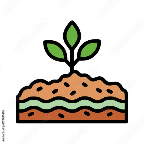 Growing Sprout Icon: Soil, Leaves, and Layers of Earth, Flat Graphic