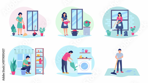 People cleaning homes diverse illustrations of indoor housework and chores