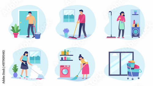 People performing various household chores in colorful illustrated room scenes