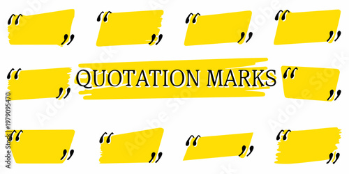 Bright yellow speech bubbles and quote marks on a white background
