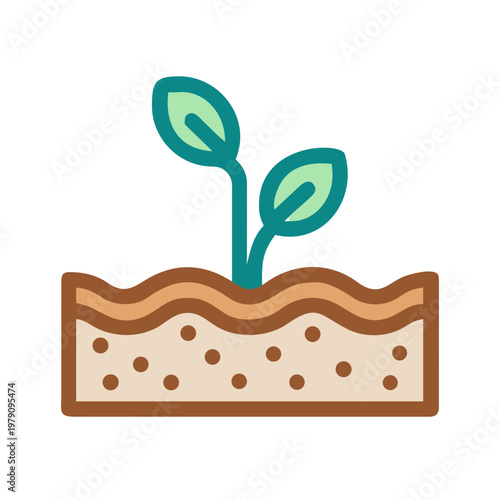 Illustration of a sprout growing from soil layers against a black background