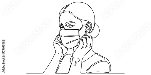 Continuous line drawing of a woman putting on a protective face mask for health and safety care