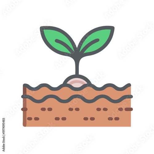 Illustration of a young seedling sprouting from soil, isolated on black background.