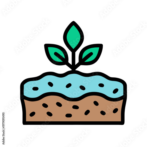 Flat vector illustration of growing plant in soil with three green leaves