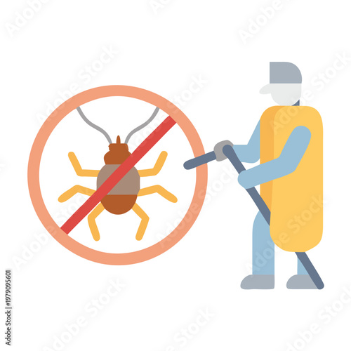 Professional pest control service illustration featuring a pest control worker spraying a bug