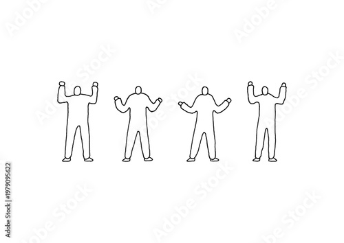 お手上げ状態のジェスチャーをする人物のゆるい手描きイラストセット（線画）