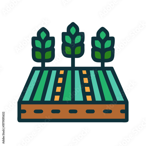 Flat design illustration of cultivated agricultural field with green crops on black background