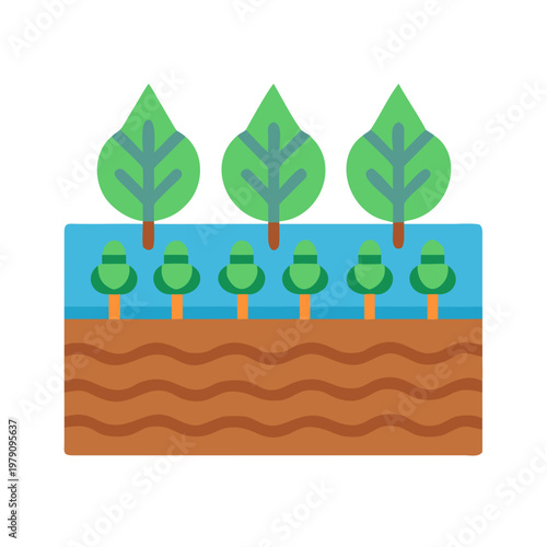 Flat design illustration of an orchard with trees and tiered ground