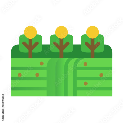 Stylized farm landscape illustration with trees and fields on a black background