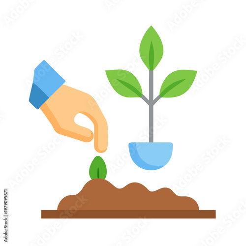 Hand planting a seed near a young plant in a flat illustration style