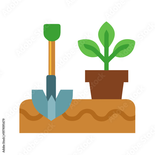 Flat illustration of a shovel and a plant in a pot on soil