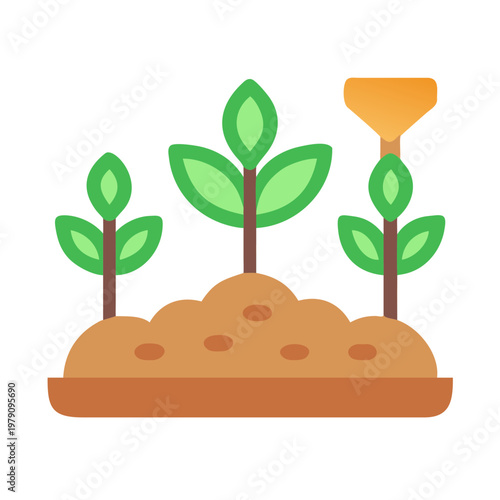 Sprouting Plants Icon Illustration, Minimalist Garden Concept with Gardening Tool on Black Background