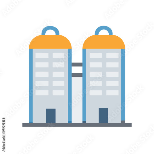 Flat Illustration of Two Modern Buildings Connected, Simple Design on Black Background