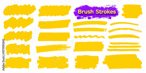 Abstract yellow and purple brush strokes arranged on a white background