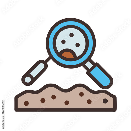 Flat illustration of a magnifier over a sand surface on a black background