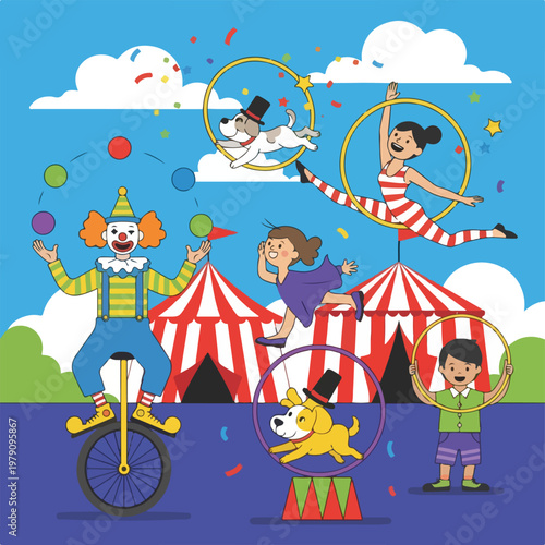 Clown Performing Tricks with Circus Artists.