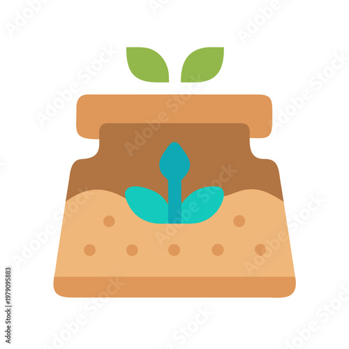 Flat vector icon of a soil bag with plant sprout, representing gardening