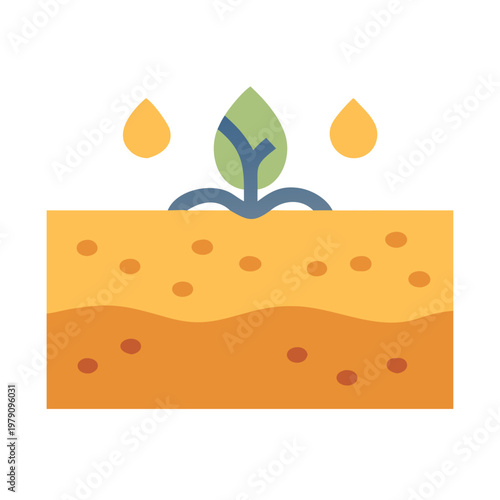 Flat illustration showing a seedling emerging from soil with water droplets