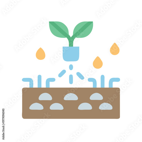 Flat vector illustration of a young plant, water drops, and seeds in soil