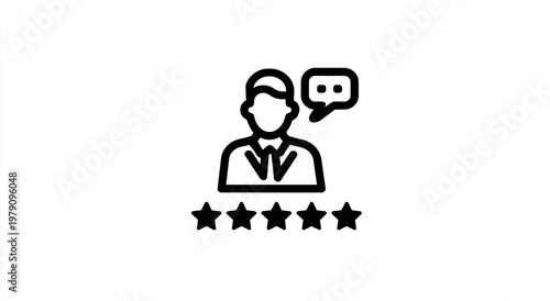 Stylized icon of a person with a speech bubble and five stars for rating