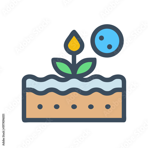 Flat vector icon of a plant growing with drop of water near planet