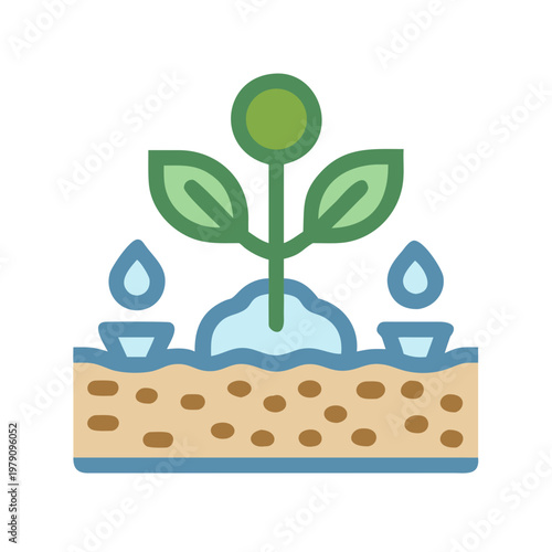 Illustration of a sprout with water drops on soil, a growing concept