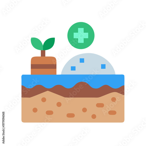 Flat Illustration of Plant Growing, Land Composition and Plus Symbol on Black Background