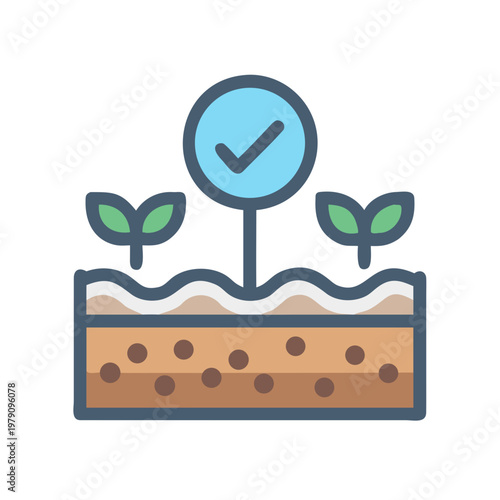 Successful sprout growth demonstrated with check mark, soil, and leaves against black