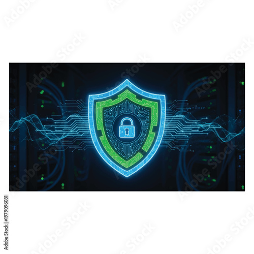 Advanced cybersecurity shield protecting networks, detecting threats, preventing breaches, ensuring data integrity
