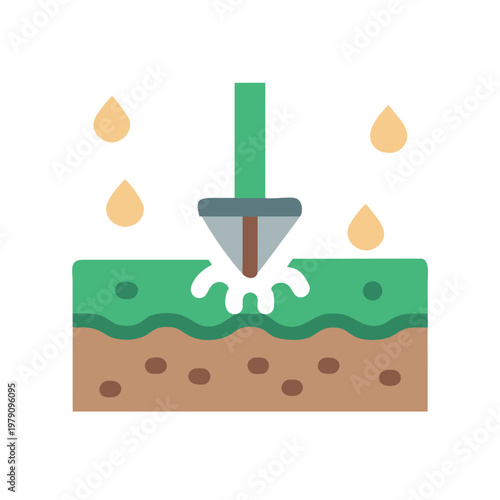 Illustration of fertilization or irrigation on green field with soil layers and waterdrops
