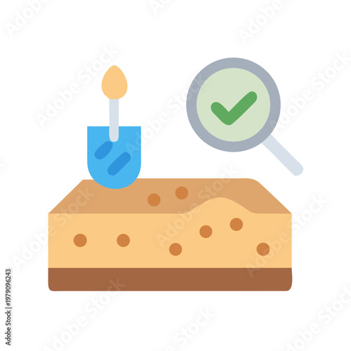 Stylized image of cake slice with check mark magnifying glass on black backdrop