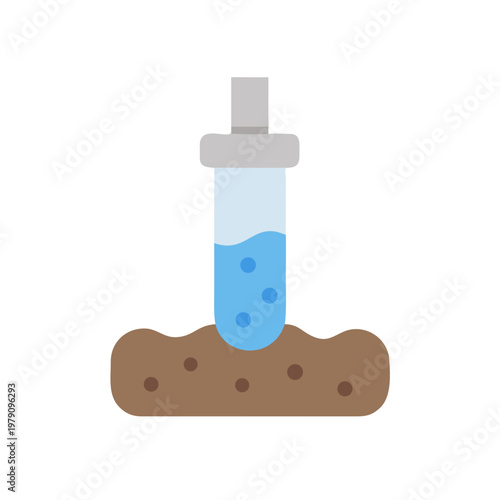 Test tube filled with blue liquid in soil, flat vector illustration