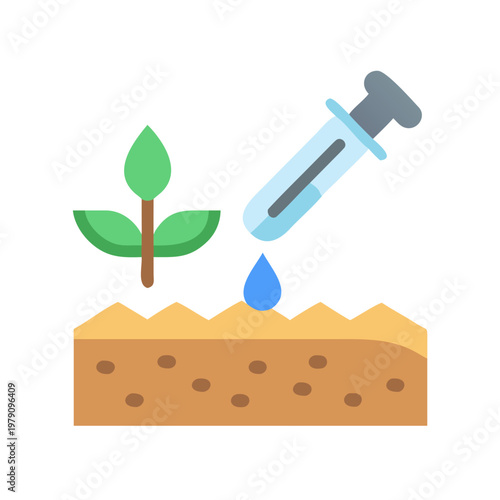 Vector Illustration of a Sprout Being Treated with a Syringe and a Drop