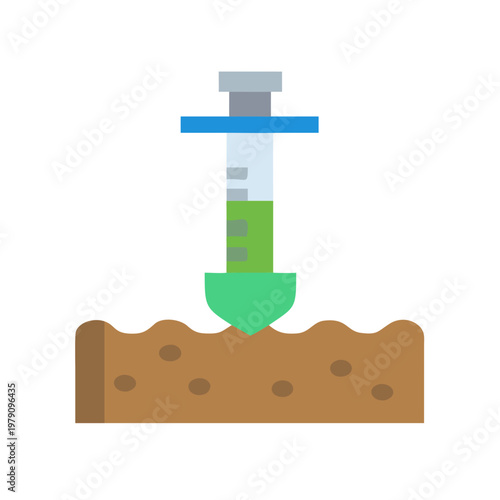 Vector illustration of a syringe injecting green substance into the ground on black