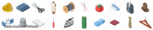 Isometric Tailoring and Sewing Icons Set Featuring Tools like Scissors, Needle, Thread, Mannequin, Iron, and Various Fabric Accessories for Fashion Design
