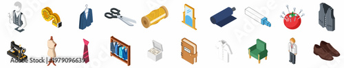 Isometric tailors shop and sewing icons collection including professional tools, clothing items, and characters for fashion design and dressmaking themes.