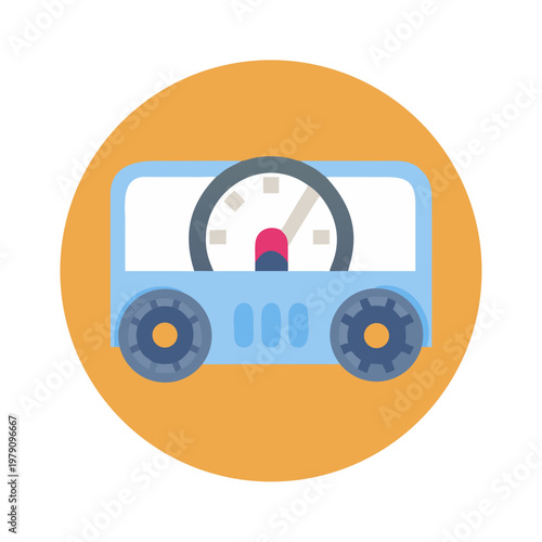 Modern speedometer graphic in light blue against a circular orange backdrop.